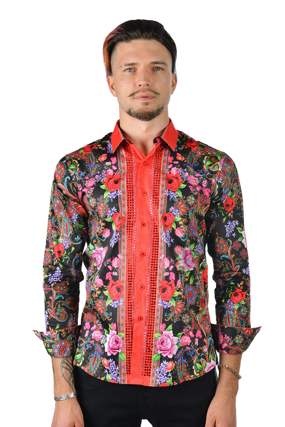 BARABAS Men's Rhinestone Floral Baroque Long Sleeve Shirt SPR07 Black