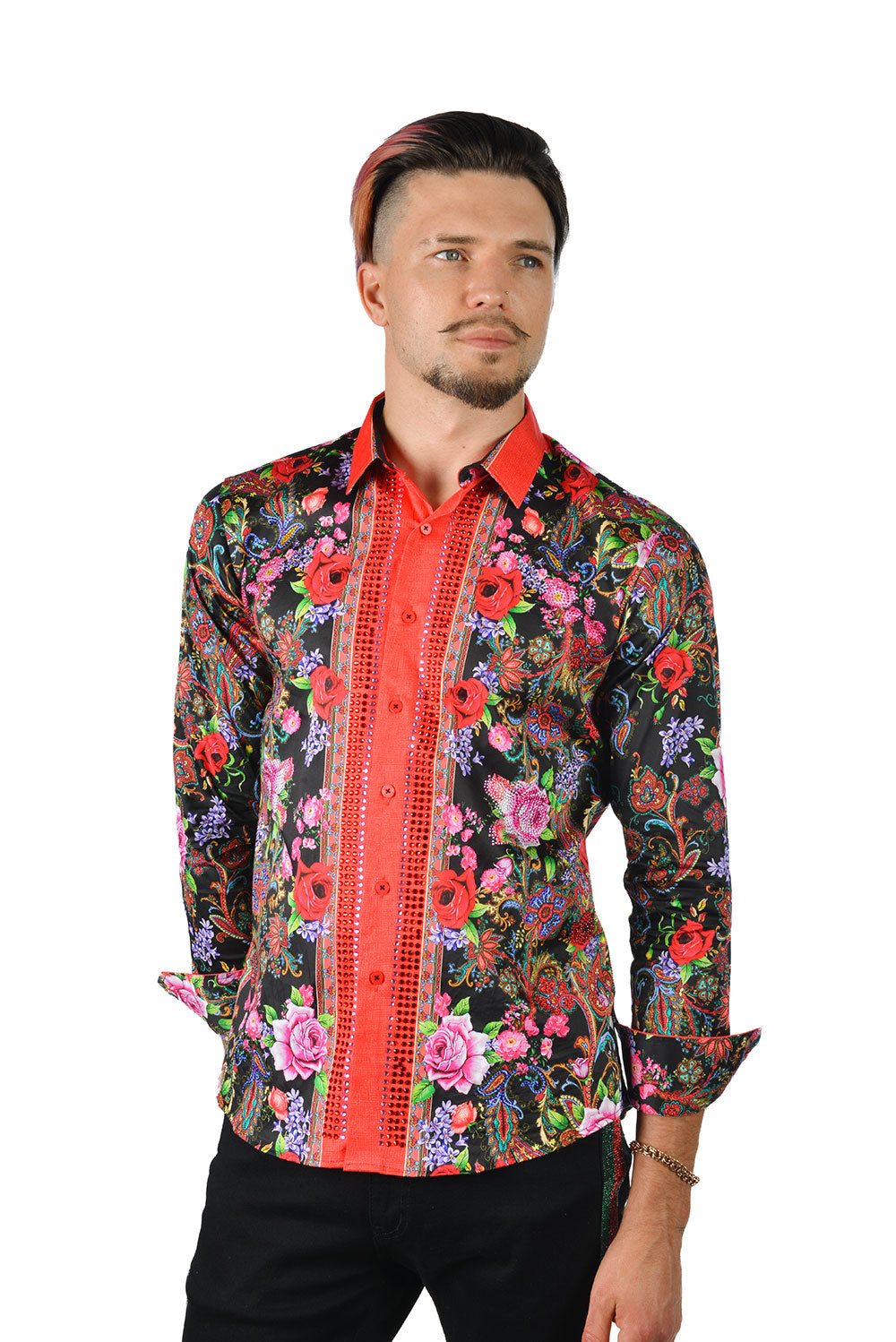 BARABAS Men's Rhinestone Floral Baroque Long Sleeve Shirt SPR07 Black