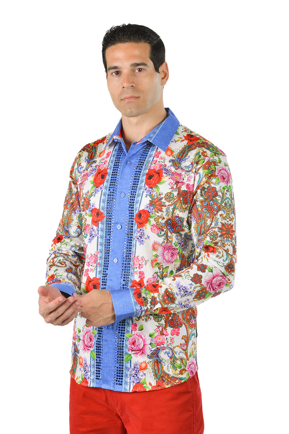 BARABAS Men's Rhinestone Floral Baroque Long Sleeve Shirt SPR07 white