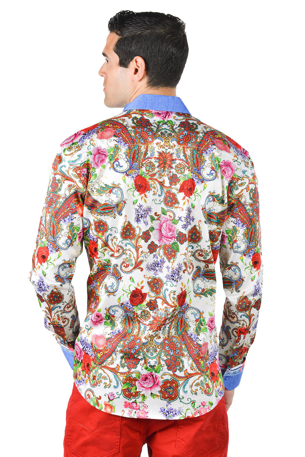 BARABAS Men's Rhinestone Floral Baroque Long Sleeve Shirt SPR07