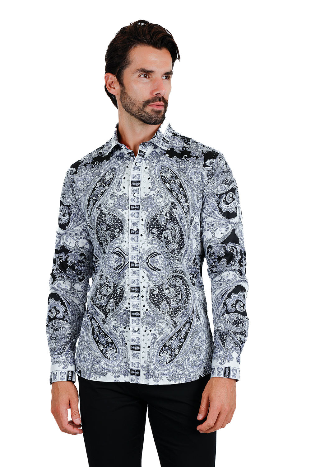 Barabas Men's Paisley rhinestone Printed Button Down Dress Shirt SPR10 Black