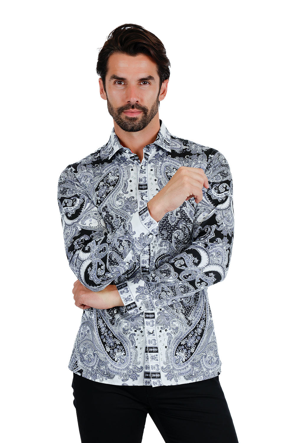 Barabas Men's Paisley rhinestone Printed Button Down Dress Shirt SPR10 Black