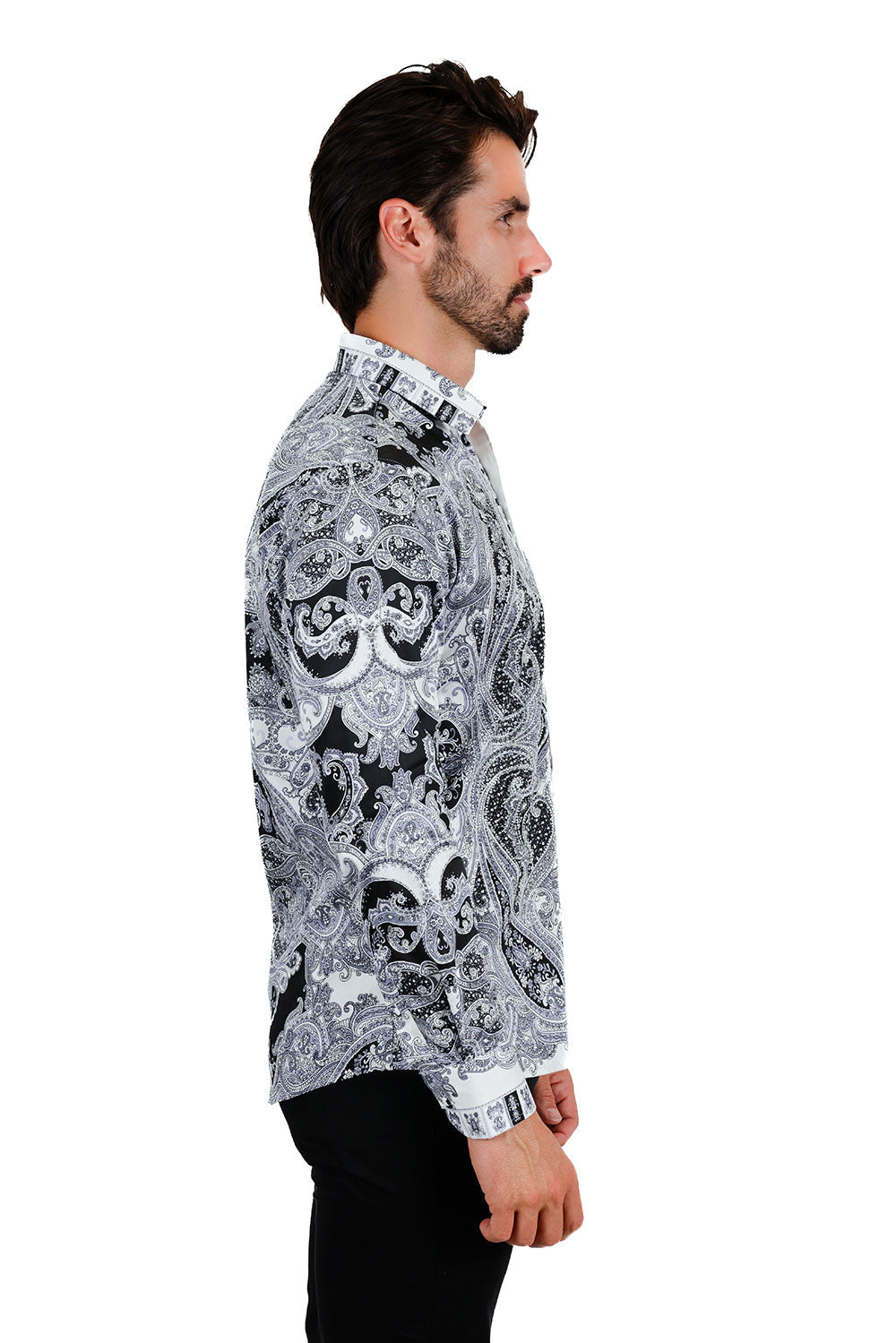 Barabas Men's Paisley rhinestone Printed Button Down Dress Shirt SPR10 Black