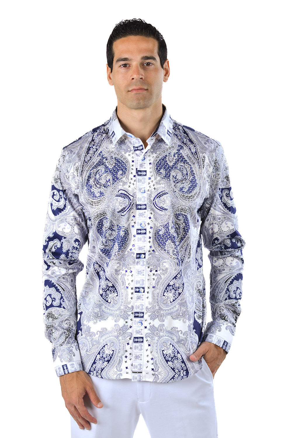 Barabas Men's Paisley rhinestone Printed Button Down Dress Shirt SPR10 Blue