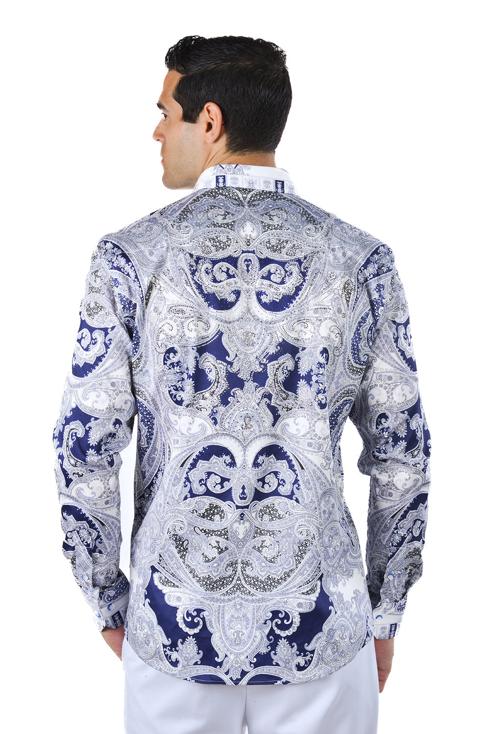 Barabas Men's Paisley rhinestone Printed Button Down Dress Shirt SPR10 Blue