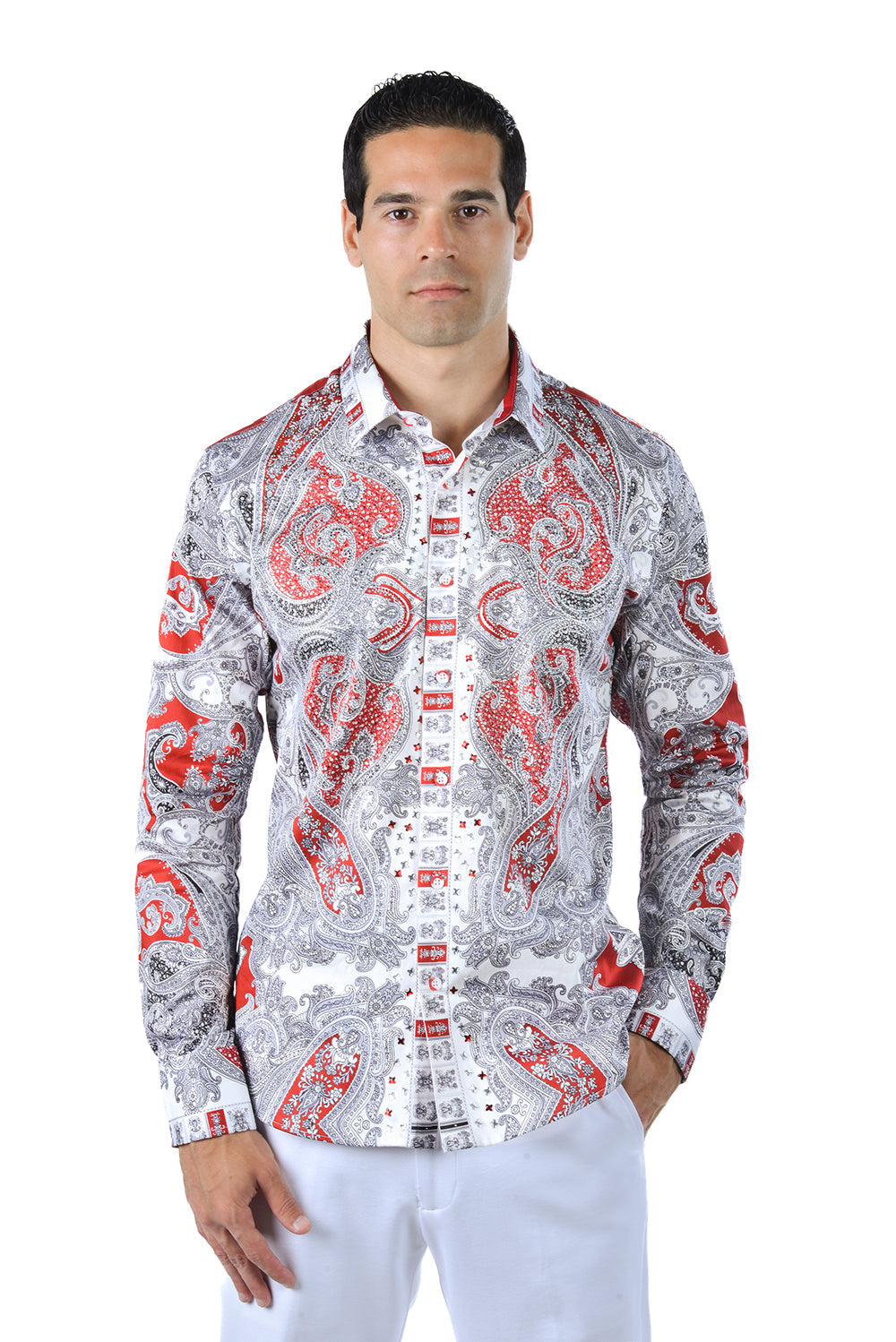 Barabas Men's Paisley rhinestone Printed Button Down Dress Shirt SPR10 RED