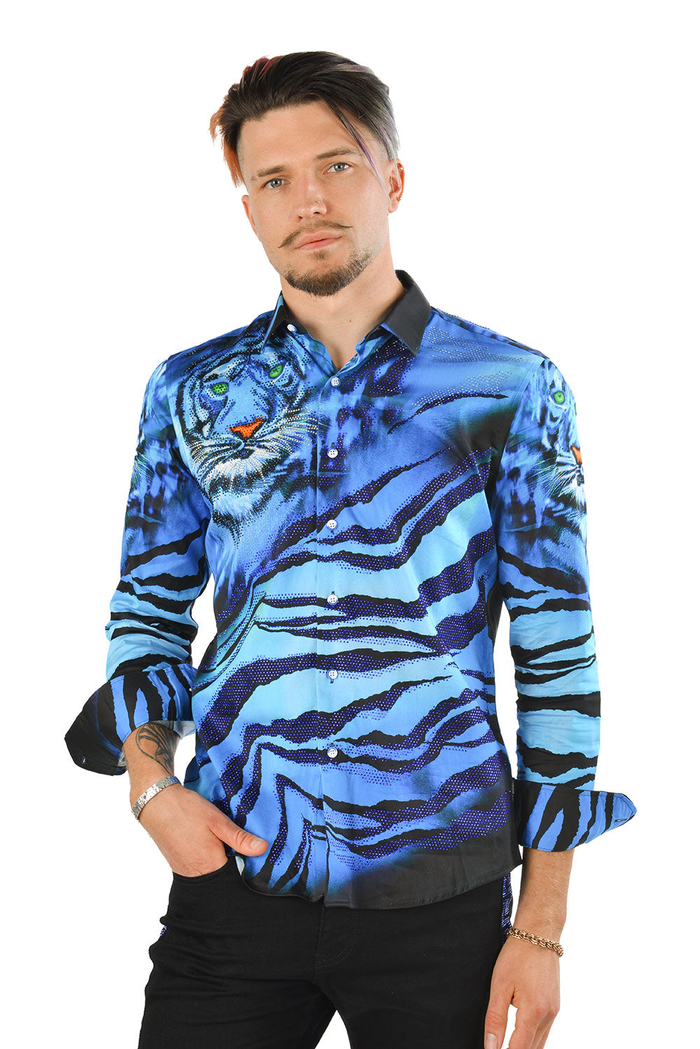 BARABAS Men's Rhinestone Tiger Scratch Prints Long Sleeve Shirt SPR11 Blue