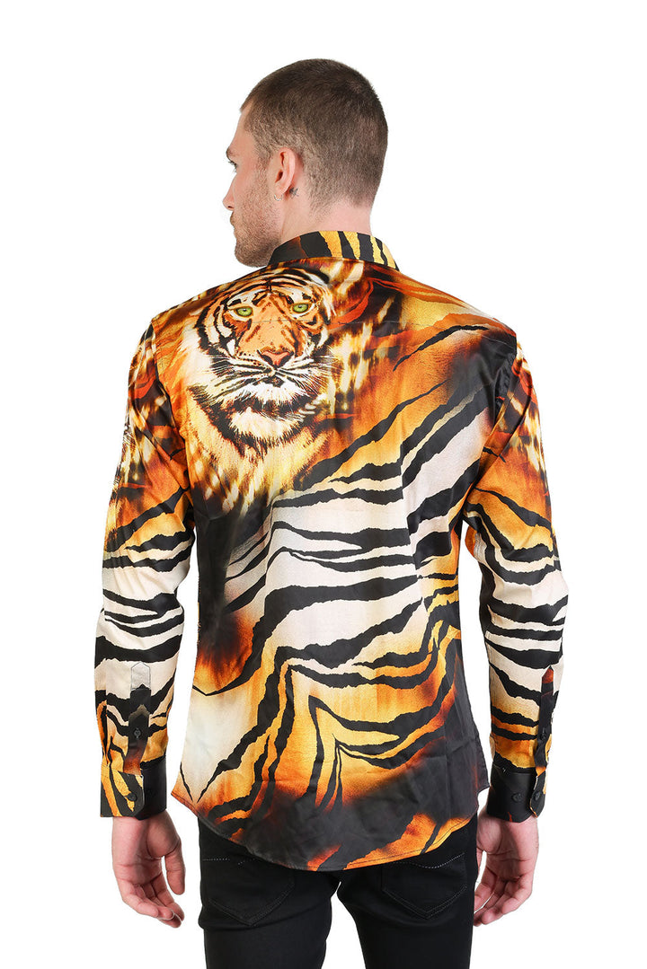 BARABAS Men's Rhinestone Tiger Scratch Prints Long Sleeve Shirt SPR11 Orange