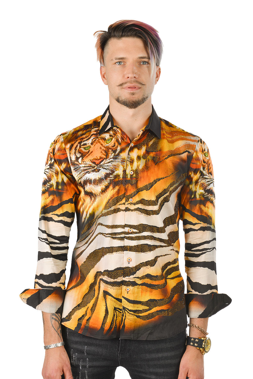 BARABAS Men's Rhinestone Tiger Scratch Prints Long Sleeve Shirt SPR11 Orange