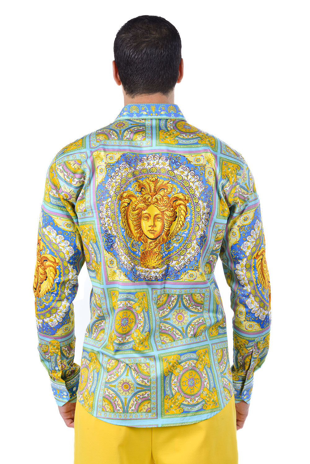 Barabas Men's Rhinestone Medusa Floral Baroque Button Down Shirt SPR13 Sky