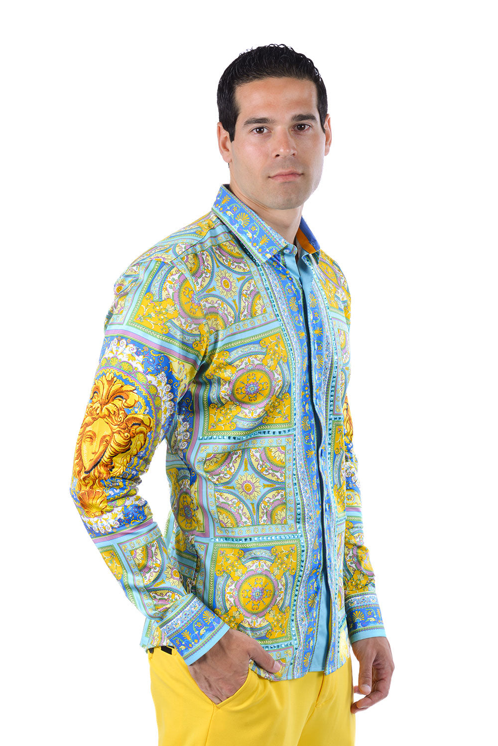 Barabas Men's Rhinestone Medusa Floral Baroque Button Down Shirt SPR13 Sky