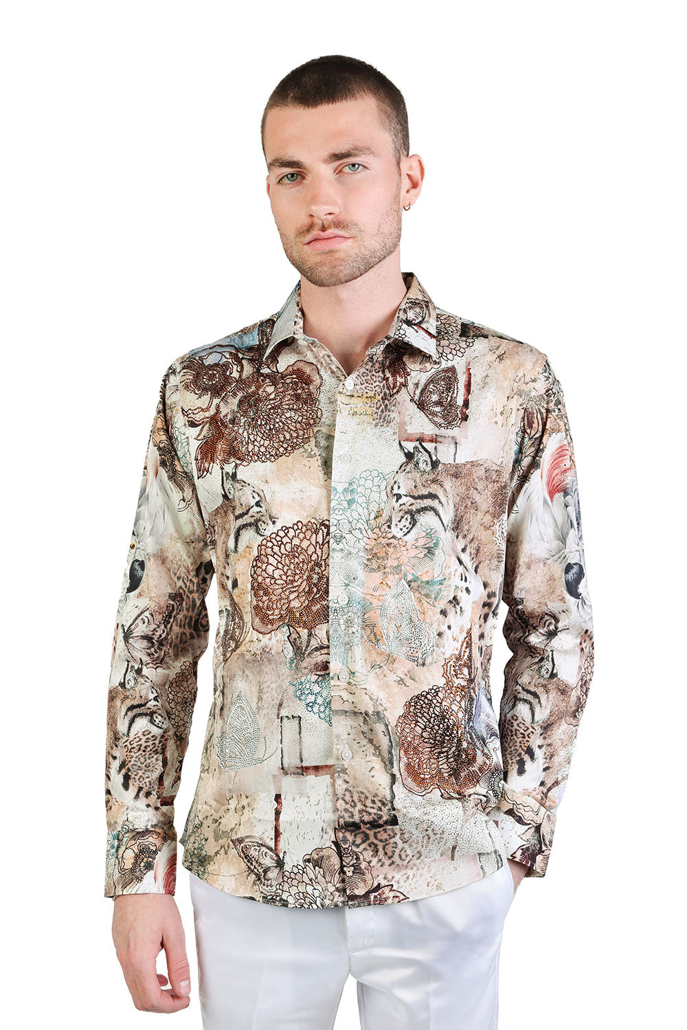 BARABAS Men's Wild Cat Floral Luxury Button Long Sleeve Shirt SPR16