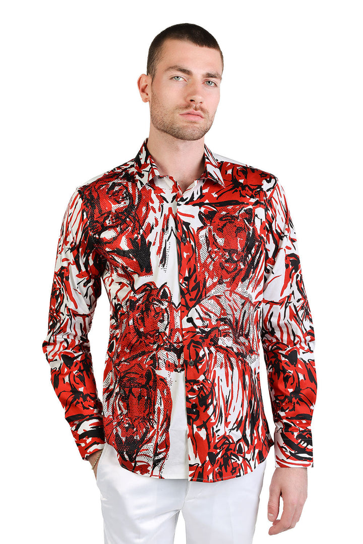 Barabas Men's Lion Printed Rhinestone Luxury Button Down Shirt SPR18 red