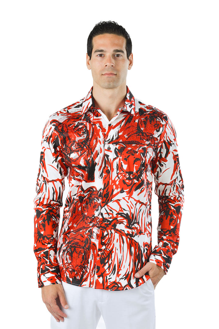 Barabas Men's Lion Printed Rhinestone Luxury Button Down Shirt SPR18 red
