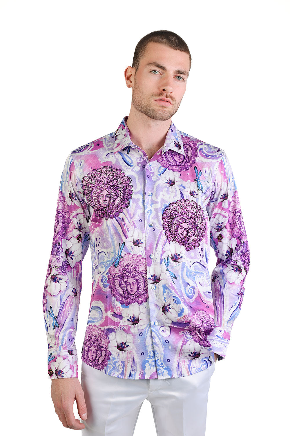 Barabas Men's Medusa Dragonfly Floral Baroque Button Down Shirt SPR19 Purple