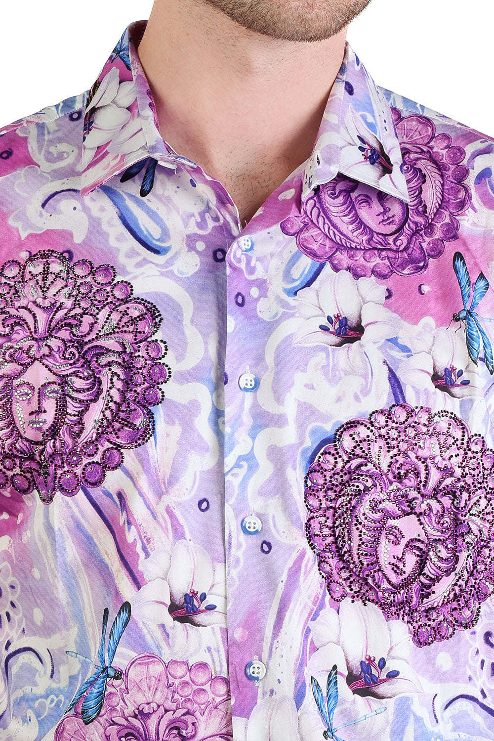 Barabas Men's Medusa Dragonfly Floral Baroque Button Down Shirt SPR19 Purple