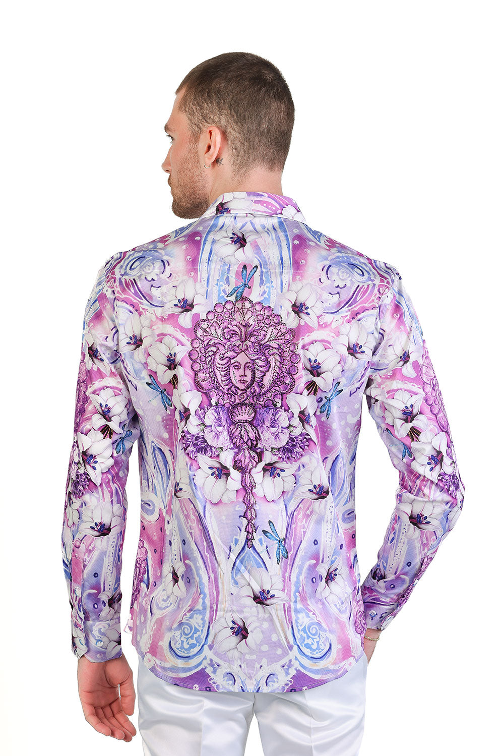 Barabas Men's Medusa Dragonfly Floral Baroque Button Down Shirt SPR19 Purple