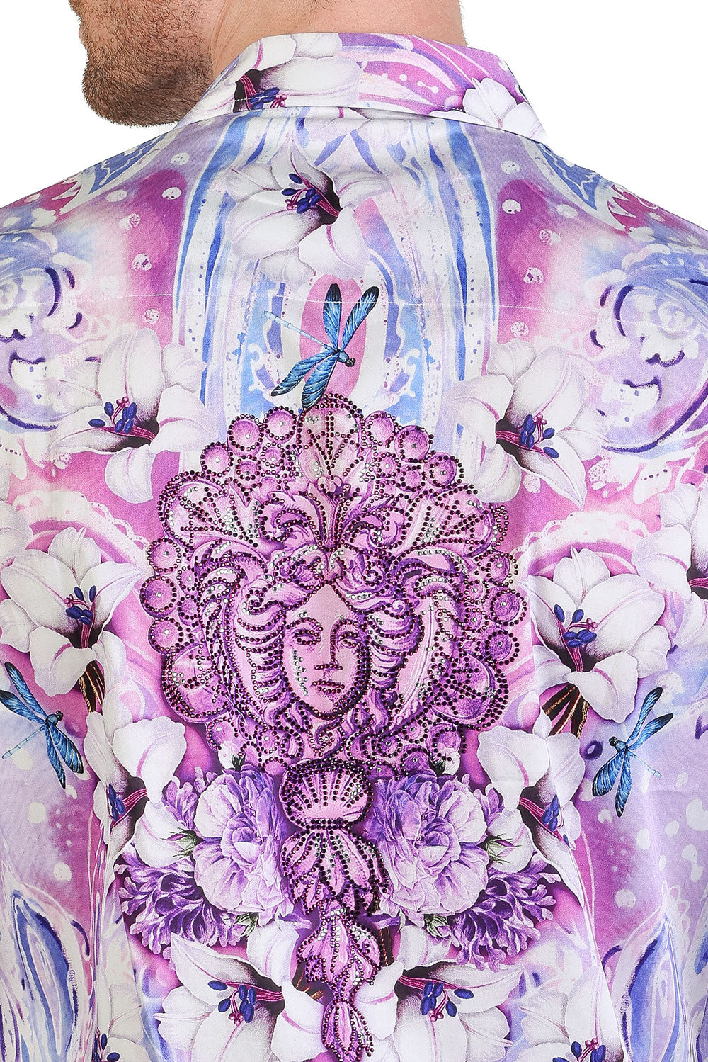 Barabas Men's Medusa Dragonfly Floral Baroque Button Down Shirt SPR19 Purple