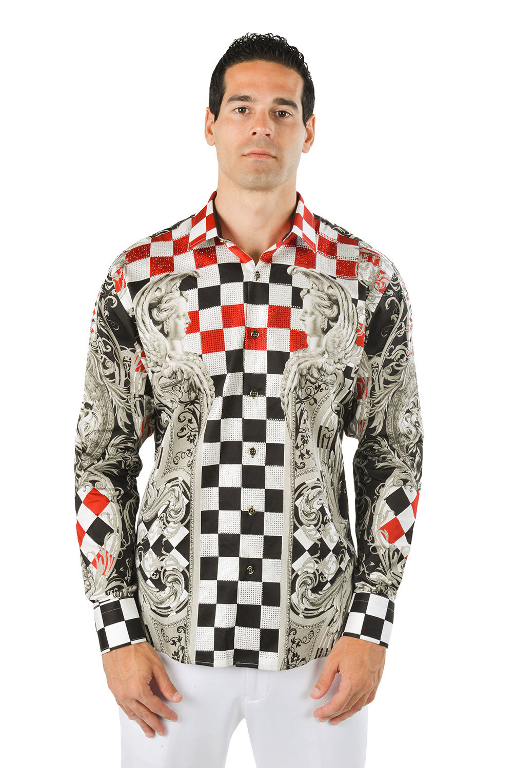 BARABAS Men's Rhinestone Medusa Checkered Lion Button Down Shirt SPR20 Black Red