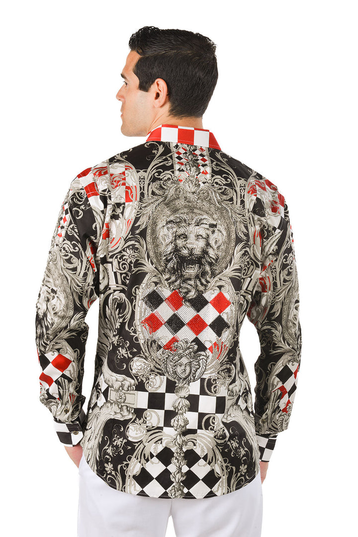 BARABAS Men's Rhinestone Medusa Checkered Lion Button Down Shirt SPR20 Black Red