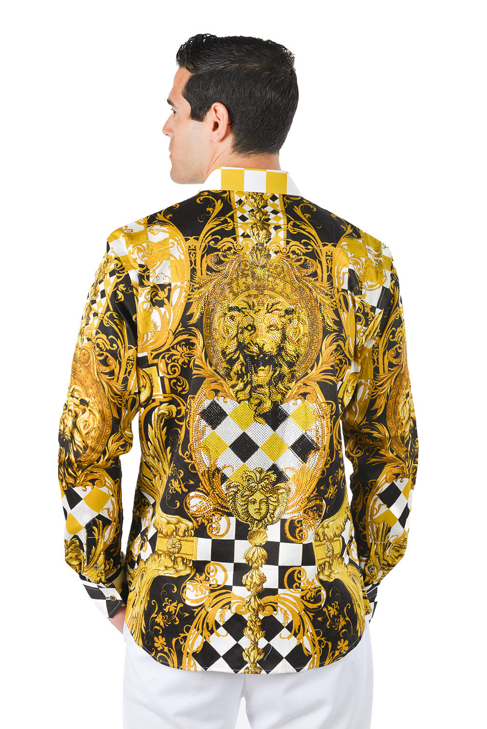 BARABAS Men's Rhinestone Medusa Checkered Lion Button Down Shirt SPR20 Black Gold