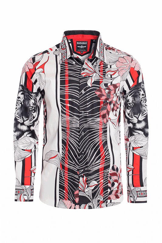 BARABAS Men's Tiger Printed Rhinestone Long Sleeve Shirts SPR207