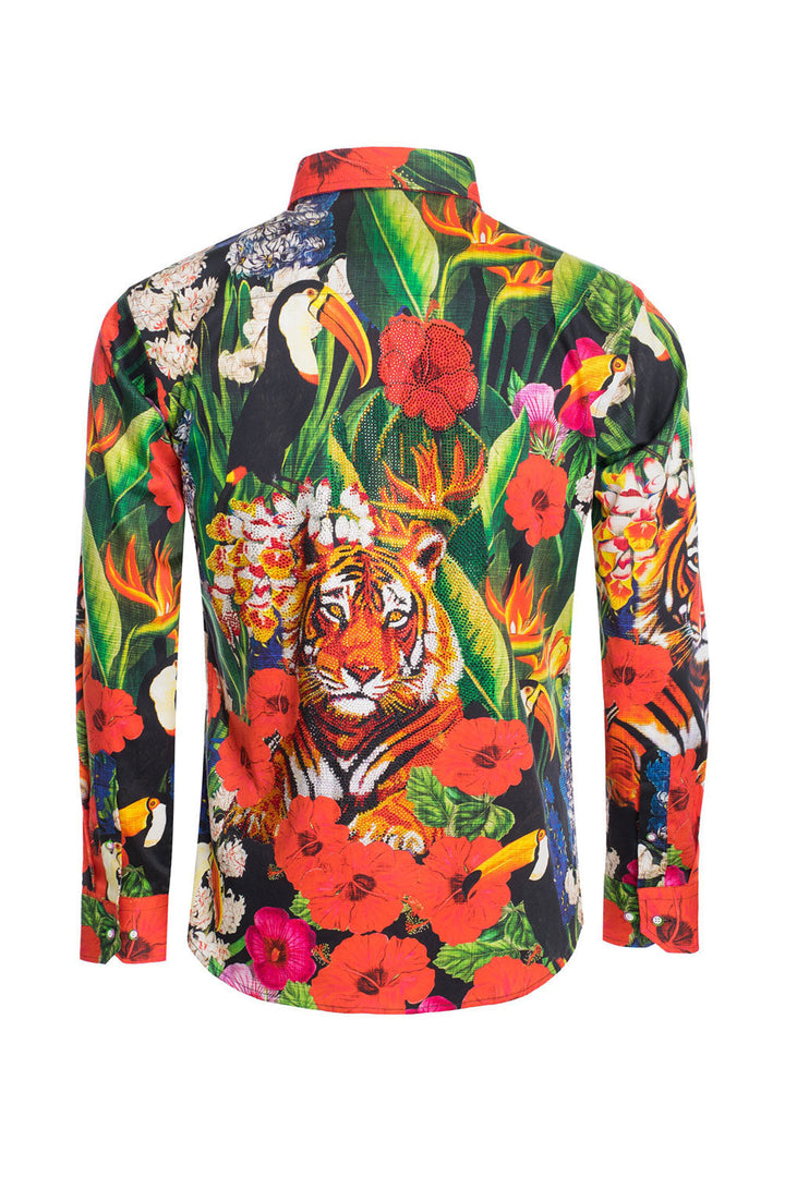 BARABAS Men's Tiger Printed Rhinestone Luxury Long SleeveShirts SPR212