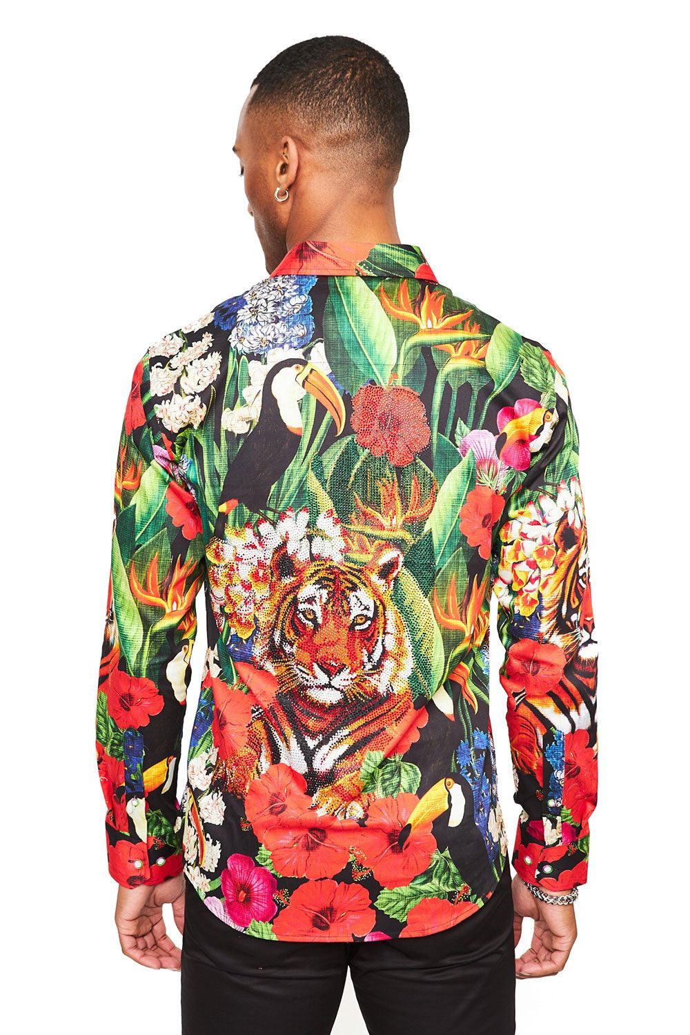 BARABAS Men's Tiger Printed Rhinestone Luxury Long SleeveShirts SPR212