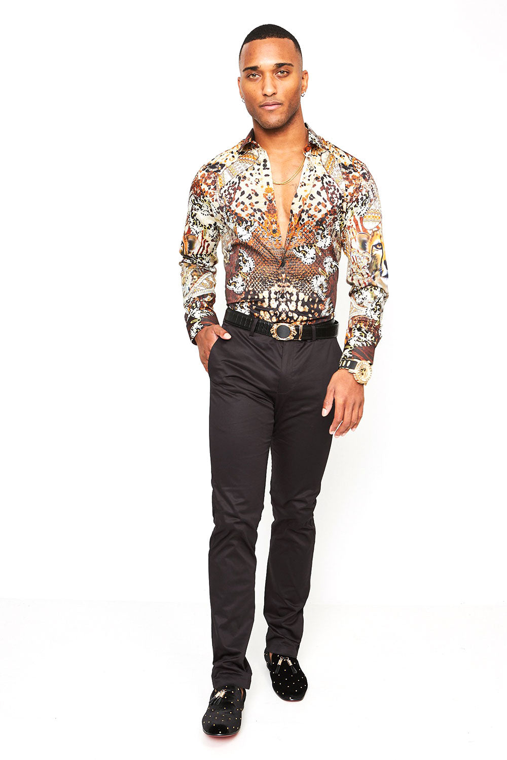 BARABAS Men's Moth Printed Rhinestone Luxury Long Sleeve Shirts SPR213