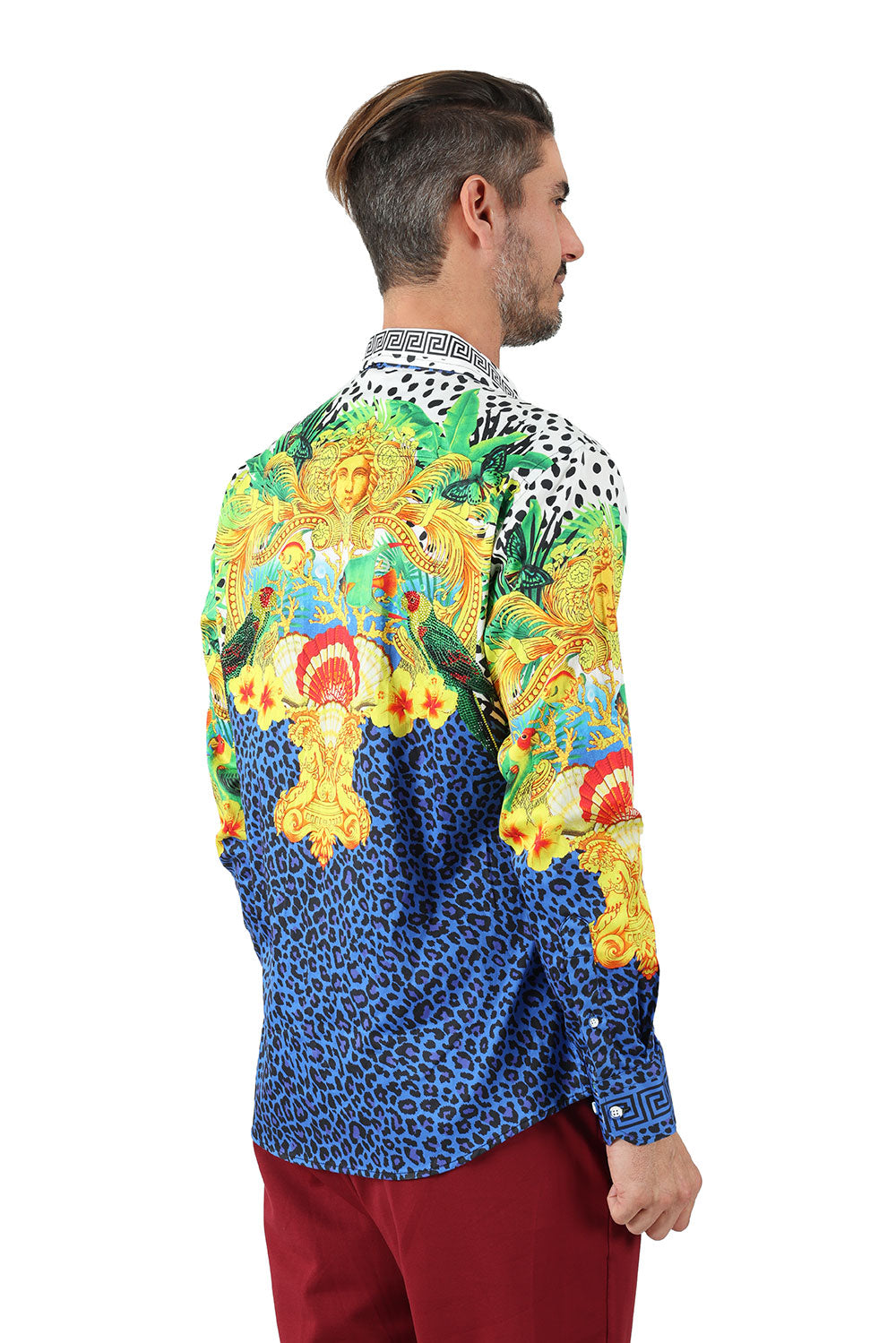 BARABAS Men's Rhinestone Printed Medusa Floral Leopard Shirts SPR230 Blue