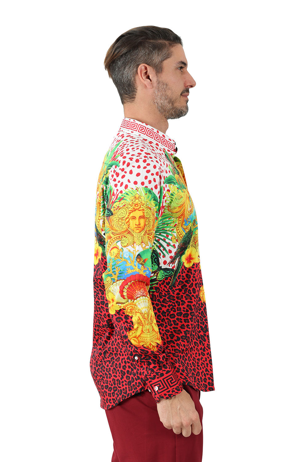 BARABAS Men's Rhinestone Printed Medusa Floral Leopard Shirts SPR230 Red