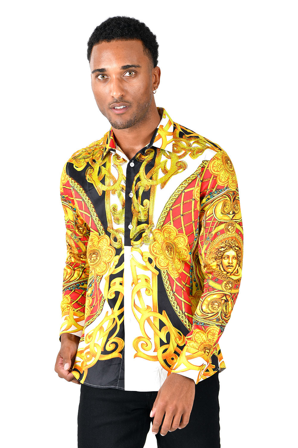 BARABAS Men's Floral Printed Rhinestone Long Sleeve Shirts SPR234 MULTI