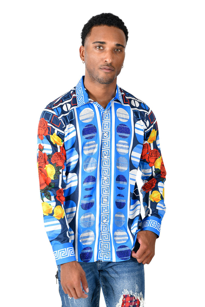 BARABAS Men's Floral Greek Key Printed Multi Long Sleeve Shirts SPR235