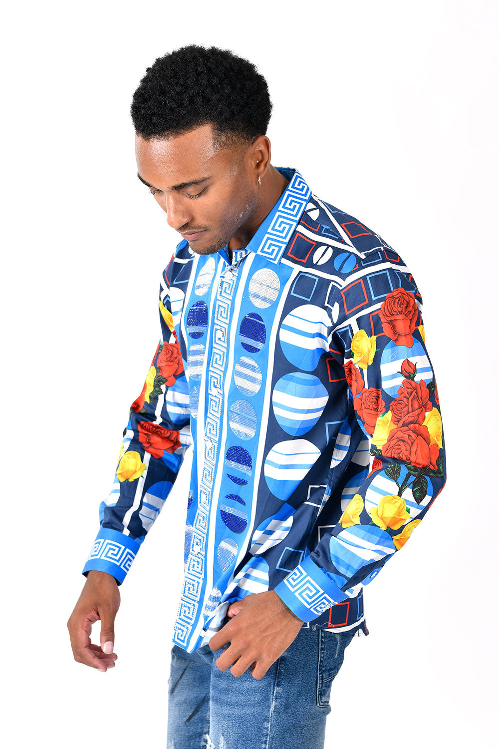 BARABAS Men's Floral Printed Multi Color Long Sleeve Shirts SPR235 BLUE