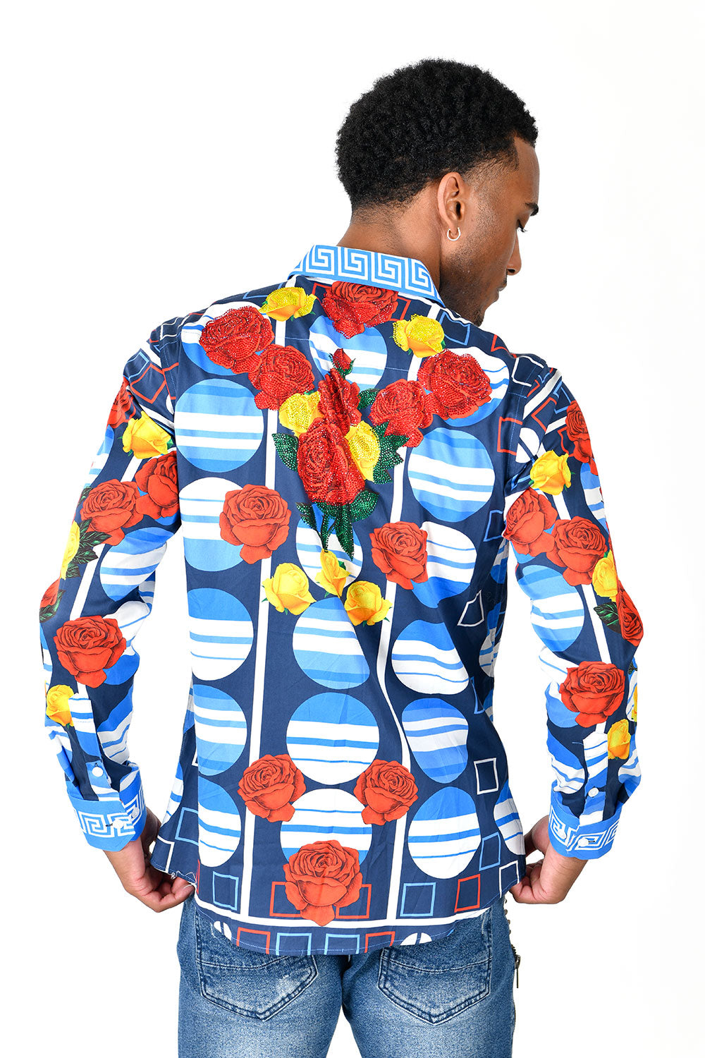 BARABAS Men's Floral Printed Multi Color Long Sleeve Shirts SPR235 BLUE