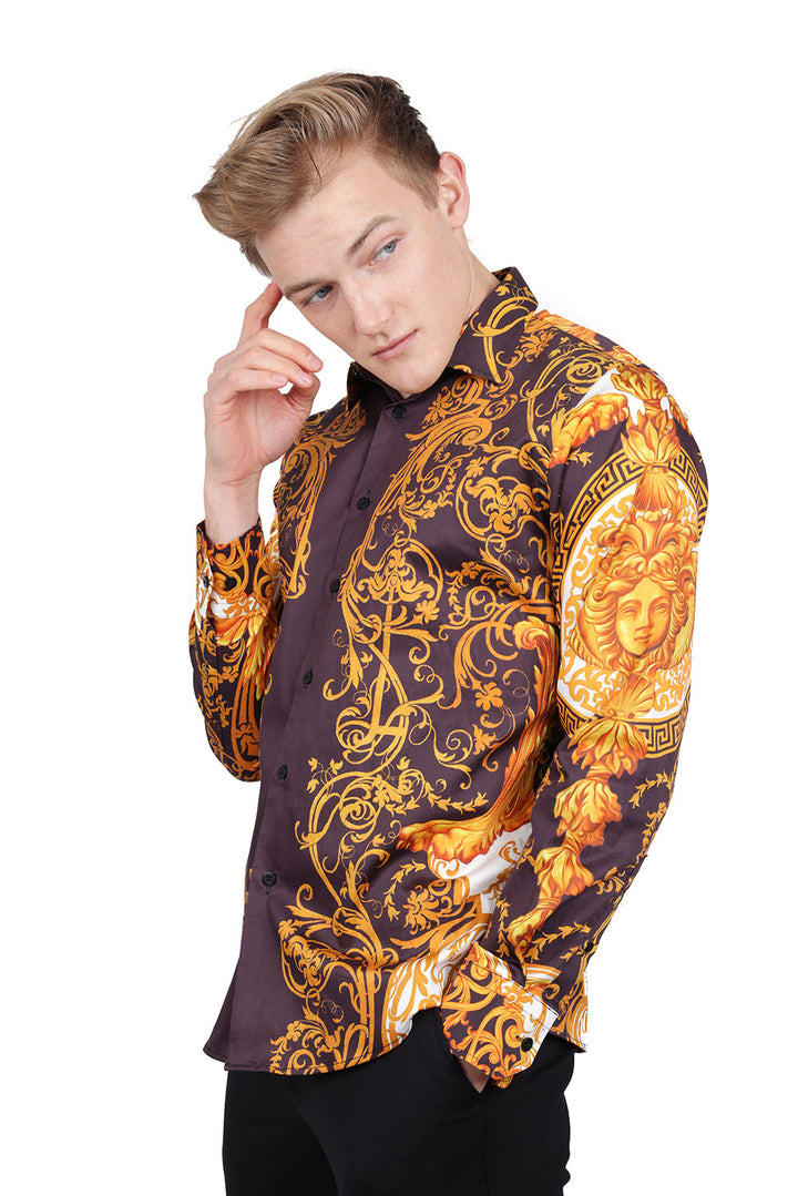 BARABAS Men Medusa Floral Print Design Button Down Luxury Shirt SPR265  Brown
