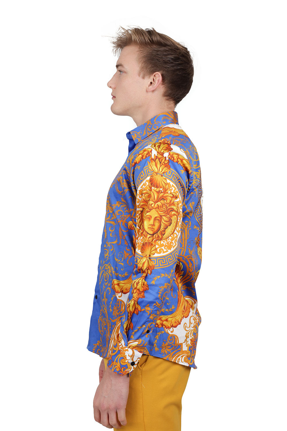 BARABAS Men Medusa Floral Print Design Button Down Luxury Shirt SPR265  Royal