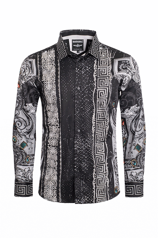 BARABAS Men's Black Snake Greek Pattern Rhinestone dress Shirts SPR962