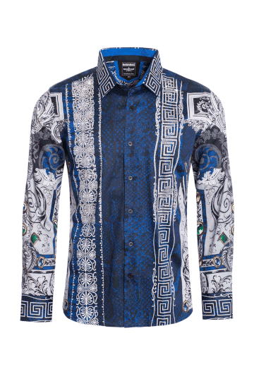 BARABAS Men's Blue Snake Printed Rhinestone Long Sleeve Shirts SPR962