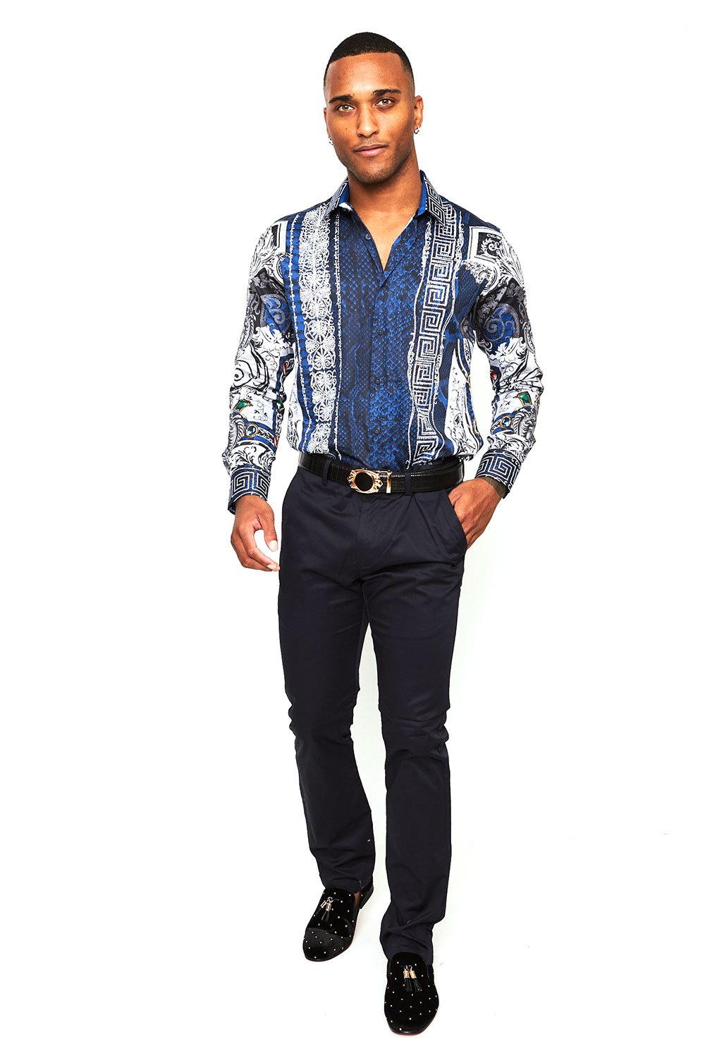 BARABAS Men's Blue Snake Printed Rhinestone Long Sleeve Shirts SPR962