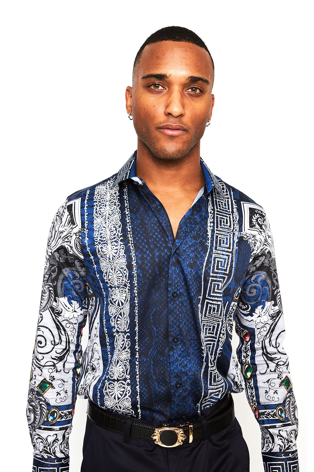 BARABAS Men's Blue Snake Printed Rhinestone Long Sleeve Shirts SPR962