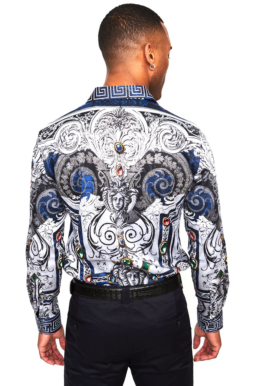 BARABAS Men's Blue Snake Printed Rhinestone Long Sleeve Shirts SPR962