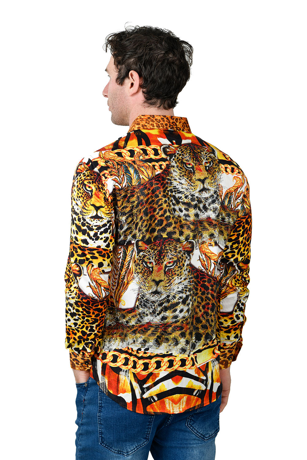 Barabas Men's Rhinestone Printed Leopard Chain Floral Shirts SPR963