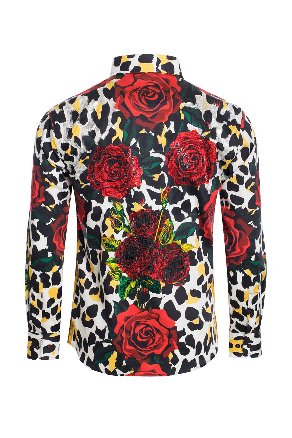 BARABAS men's Rhinestone Floral Roses Leopard Long Sleeve Shirts SPR964