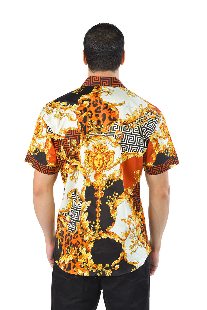 BARABAS Men's Medusa Greek Pattern Leopard Short Sleeve Shirt SS0 BROWN