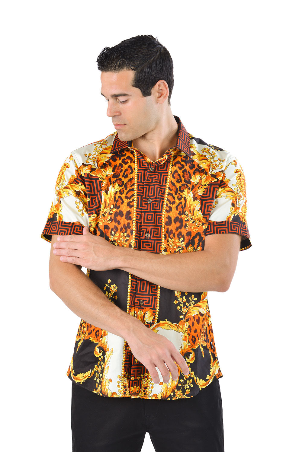 BARABAS Men's Medusa Greek Pattern Leopard Short Sleeve Shirt SS01 Gold