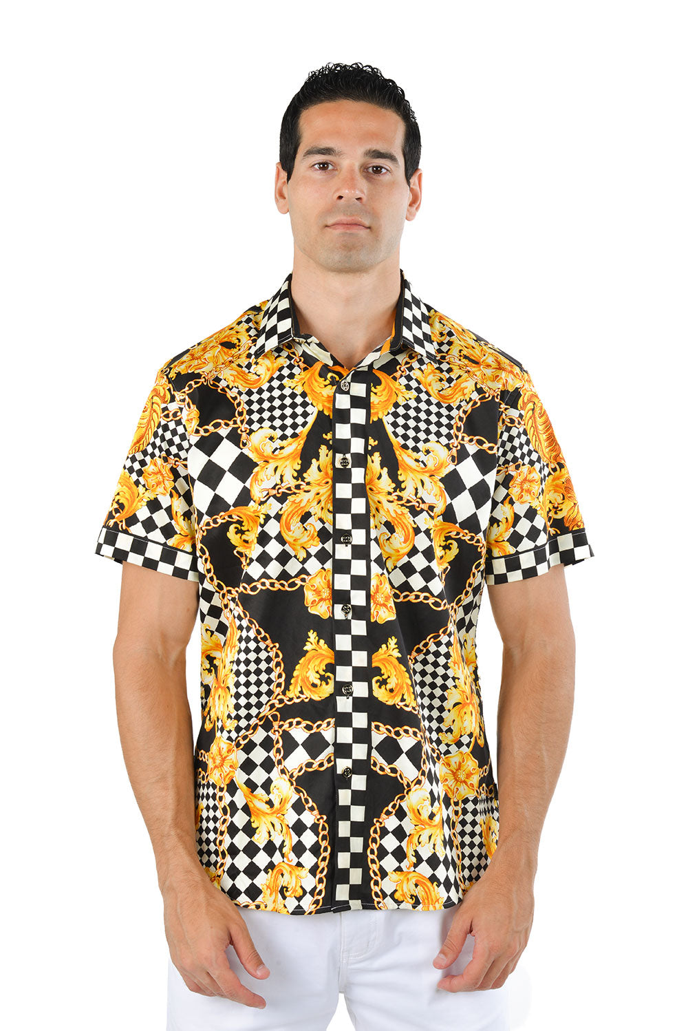 BARABAS Men's checkered chain graphic short sleeve shirt SS02 black