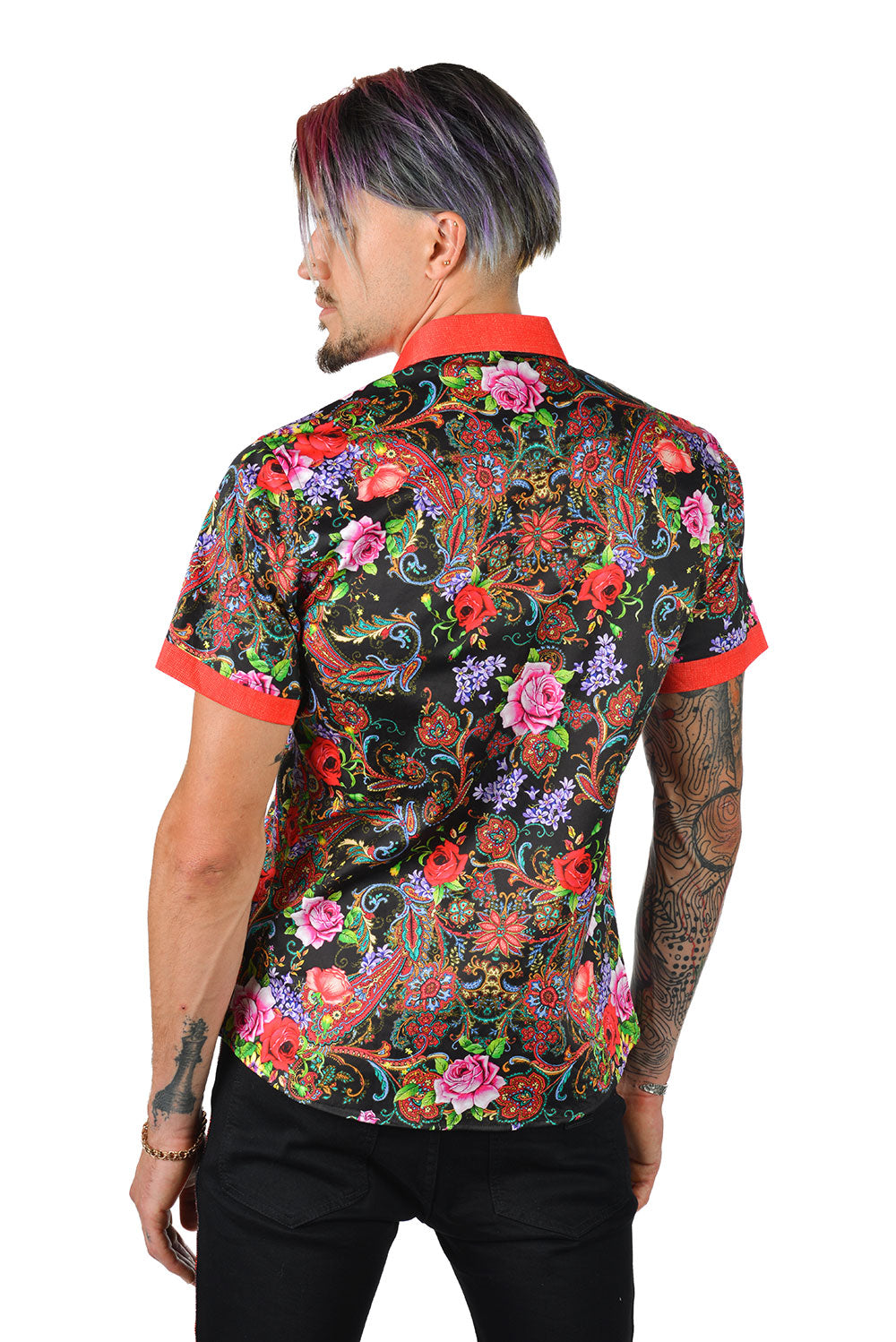 BARABAS Men's roses paisley graphic short sleeve shirt SS07 red