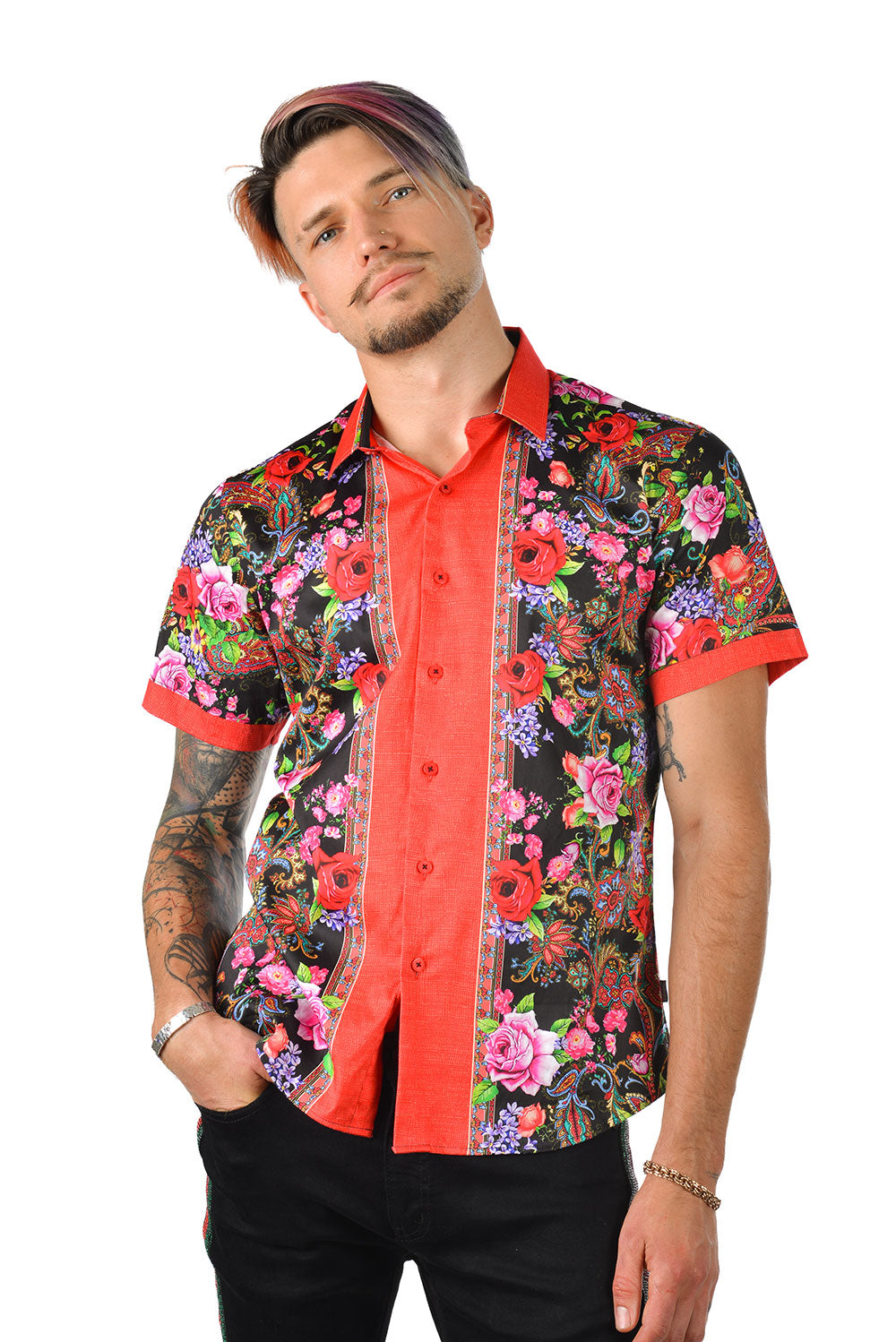 BARABAS Men's roses paisley graphic short sleeve shirt SS07 black