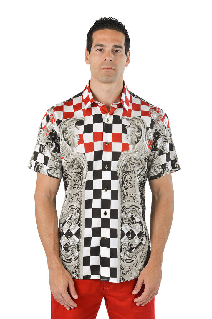 Barabas Men's Baroque Checkered Plaid Short Sleeve Shirts SS20 Black Red
